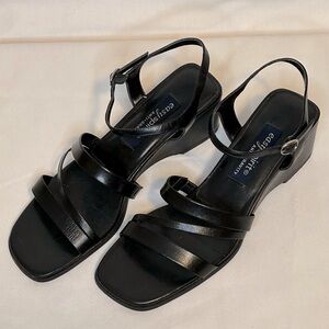 EASY SPIRIT EMPRESS BLACK LEATHER STRAPPY SANDALS w/ HEELS, BUCKLE ENTRY, 8M